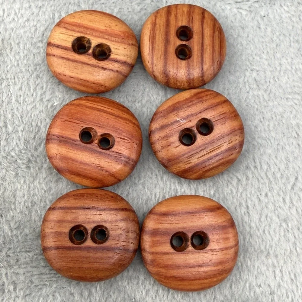 Vintage Wood Buttons Round Brown 2-Hole Flat 12pc Set